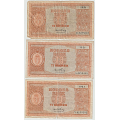 -5- Lott 3 stk. 10 kroner 1951-1953, VK - 1951S, kv. 1-, brettehull og -rifter.
1951R, kv. 1-/2, brettehull midt p� seddel, bretterifter oppe og nede
1953Y, KV. 1-/2, dr�y rift. / Numisma Mynthandel A/S: kr.  1,-