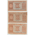-10- Lott 3 stk. 10 kroner 1945-1948, VK - 1945A, kv. 1-, gjennomg�ende graffiti
1945B, kv. 1-, rifter
1948J, 1-/2, hull i midten, rifter. / Numisma Mynthandel A/S: kr.  1,-