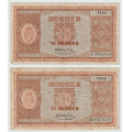 -13- Lott 2 stk. 10 kroner 1945, VK - 1945A, kv. 1/1-
1945B, kv. 1-, n�lehull. ubet. fl. / Numisma Mynthandel A/S: kr.  1,-