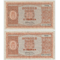 -14- Lott 2 stk. 10 kroner 1945, VK - 1945A, kv. 1-
1945B, kv. 1-, / Numisma Mynthandel A/S: kr.  1,-