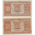 -15- Lott 2 stk. 10 kroner 1945, VK - 1945C, kv. 1-
1945D, kv. 1-, hakk, fl. / Numisma Mynthandel A/S: kr.  1,-