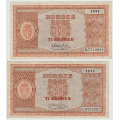 -19- Lott 2 stk. 10 kroner 1945, VK - 1945B, kv. 1+
1945C, kv. 1 / Numisma Mynthandel A/S: kr.  1,-