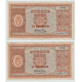 -20- Lott 2 stk. 10 kroner 1945A, rekkef�lge, kv. 1 og 1/1+ - 1945A.2941772-73 / Numisma Mynthandel A/S: kr.  1,-