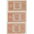 -9- Lott 3 stk. 10 kroner 1948-1949, VK - 1948G, kv. 1-
1949K, kv. 1/1-
1949L, kv. 2, rufsete kant, manglende hj�rne nede til h�yre, rifter osv. / Numisma Mynthandel A/S: kr.  1,-