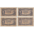 -2- Lott 4 stk 10 kroner 1943-1944, VK - Kv. 1- til 1-/2
1943C, rift, 1943D, stor papirtynnhet revers (oppklebet?), 1944E, 1944F, rifter midthull. / Numisma Mynthandel A/S: kr.  1,-