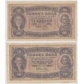 -6- Lott 2 stk 10 kroner 1944, VK - 1944E og 1944F, kv. 1 og (1/1-), anmerkniniger, rufsete kant oppe og svi-hull nede til h�yre / Numisma Mynthandel A/S: kr.  1,-