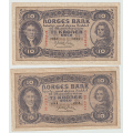 -8- Lott 2 stk 10 kroner 1942-1943, 1/1-. - 1942B og 1943C. 1/1- og 1/1- l.fl. / Numisma Mynthandel A/S: kr.  1,-