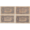 -12- Lott 4 stk 10 kroner 1941-1942, VK - Kv. 1- til 2
1941�, 1941A nesten revet i to, 1942C, stor rift, graffiti rev, �se, 1942B, brettehull, rift. / Numisma Mynthandel A/S: kr.  3,-