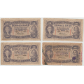 -15- Lott 4 stk 10 kroner 1939-1942, VK - Kv. 1- til 2
1939Y, 1940�, brettehull, rifter nede, 1940� hull, rifter, 1942B stort hull,  graffiti, flekker, rifter. / Numisma Mynthandel A/S: kr.  1,-
