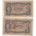 -21- Lott 2 stk 10 kroner 1938 og 1940, 1- - 1938Y & 1940�, kv. 1- & 1-, flekker / Numisma Mynthandel A/S: kr.  2,-