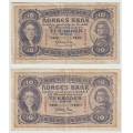 -22- Lott 2 stk 10 kr. 1938-1939, hhv. kv. 1- og 1. - 1938X & 1939Z / Numisma Mynthandel A/S: kr.  1,-