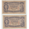 -23- Lott 2 stk 10 kroner 1938-1939, Kv. 1- - 1938X & 1939Z, brettehull. / Numisma Mynthandel A/S: kr.  1,-