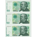 -2- Lott 3 stk. 50 kroner 1996, rekkef�lge, kv. 01-0/01 - 1996 i rekkef�lge 4400283722-24 / Numisma Mynthandel A/S: kr.  1,-