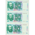 -3- Lott 3 stk. 50 kroner 1990, -1993 & -95 VI, VK - Kv. hhv.  1+, flekk, 1+ og 1/1+ / Numisma Mynthandel A/S: kr.  1,-