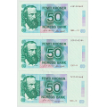 -5- Lott 3 stk. 50 kroner 1985,-87 og -90-VI, kv. 01 - 1985 kv. 01
1987 kv. 1+
1990 kv. 1+/01, midtbrett. / Numisma Mynthandel A/S: kr.  1,-