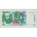 -7- 50 kroner 1984-VI, kv. 01, flekk. - Flekk fra binders. Lavt nummer 1100000067. / Numisma Mynthandel A/S: kr.  1,-