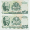 -12- Lott 2 stk. 50 kroner 1983 P&R, kv. 1. / Numisma Mynthandel A/S: kr.  1,-
