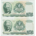 -13- Lott 2 stk. 50 kroner 1983R & 83P, kv. 1+ - Stiftmerker (ikke hull) p� 1983P. / Numisma Mynthandel A/S: kr.  107,-