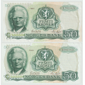 -15- Lott 2 stk. 50 kroner 1981L & 83P, kv. 1+ - Kaffeflekker p� 1981 L. / Numisma Mynthandel A/S: kr.  1,-