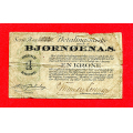 -2- Bj�rn�ya 1 kr 1920/21, kv. 1-, anm. RRR - Nr. 773. NPS BJ3. Signaturer Grahnberg/S�rensen. Tidligere kun kjent fra Riibes samling, ellers finnes det blanketter. Seddelen har rifter, brette- og n�lehull; utover et lysere felt revers. Ref: KW Riibe Seddel-samling 2017, side 879 (3433) NPS K. S�thre 2022, side 373 (da; UNIK) / Numisma Mynthandel A/S: kr.  10000,-