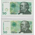 -26- Lott 2 stk. 50 kroner 2005 & -08, kv. 0/01-0 / Numisma Mynthandel A/S: kr.  1,-