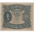 -17- 50 kroner 1942C, kv. 1-, rifter, hull. / Numisma Mynthandel A/S: kr.  1,-