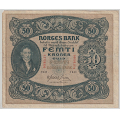 -22- 50 kroner 1941C, kv. 1-, avrevet hj�rne - Liten bretterift vs. / Numisma Mynthandel A/S: kr.  1,-