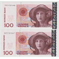 -2- Lott 2 stk. 100 kroner 2006, rekkef�lge, kv. 0/01-0 - 3311761466-67 / Numisma Mynthandel A/S: kr.  2,-