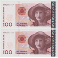 -3- Lott 2 stk. 100 kroner 2006, rekkef�lge, kv. 0/01 - 3112053417-18 / Numisma Mynthandel A/S: kr.  2,-