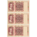 -15- Lot 3 stk. 100 kr 1980A0, rekkef�lge, kv. 01 - AO 2755905-907. Midtbrett, tellemerker. / Numisma Mynthandel A/S: kr.  1,-