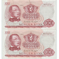 -18- Lott 2 stk. 100 kroner 1977, VK - 1977H, kv. 1/1-
1977J, kv. 1 / Numisma Mynthandel A/S: kr.  212,-
