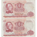-19- Lott 2 stk. 100 kroner 1977, kv. 1- - 1977G, kv. 1-, flekker
1977H, kv. 1-, tusjmerke / Numisma Mynthandel A/S: kr.  205,-