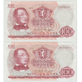 -22- Lott 2 stk. 100 kroner 1977D, Kv. 1/1- og 1 / Numisma Mynthandel A/S: kr.  1,-