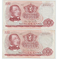 -27- Lott 2 stk. 100 kroner 1963B & -67G, kv. 1- - Hhv 1- og 1-, fl. / Numisma Mynthandel A/S: kr.  223,-