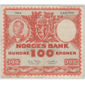 -12- 100 kroner 1956E, kv. 1-, smuss. - Signatur: Brofoss/Thorp. �rsm� brettehull og bretterifter. / Numisma Mynthandel A/S: kr.  1,-