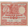 -16- 100 kroner 1949A, kv. 2, tidl. oppklebet. - Mangler en del av �vre kant. Signatur: Jahn/Thorp. Lukefyller. / Numisma Mynthandel A/S: kr.  1,-
