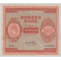 -17- 100 kroner 1949B, kv. 1, flekk. - Signatur: Thorp. Litt rufsete kant vs. / Numisma Mynthandel A/S: kr.  438,-