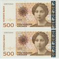 -5- Lott 2 stk. 500 kroner 2002, kv. 0/01-0 - N�r-rekkef�lge 2203788043 & 045 / Numisma Mynthandel A/S: kr.  2,-