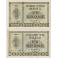 -2- Lott 2 stk. 1 kroner 1948L & -49M, VK - 1948L, kv. 1+/01
1949M, kv. 1/1+
Signatur: Thorp / Numisma Mynthandel A/S: kr.  1,-