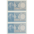 -3- Lott 3 stk. 5 kr 1955-1962, kv. 1/1+-1+/01. - 1955B, 1960H & 1962K.
Signatur: Brofoss/Thorp til 1957
Signatur: Brofoss/Ottesen 1959-1963 / Numisma Mynthandel A/S: kr.  2,-