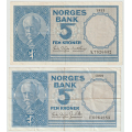 -4- Lott 2 stk. 5 kr 1955A & 1959F, kv. 1/1-, 1-. - 1955A & 1959F.
Signatur: Brofoss/Thorp til 1957
Signatur: Brofoss/Ottesen 1959-1963 / Numisma Mynthandel A/S: kr.  1,-