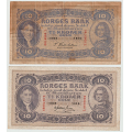 -1- Lott 2 stk. 10 kroner 1934T & 1939Z, VK - 1934T, kv. 1-, misfarget.
1939Z, kv. god 1.
Signatur: Cederholm til 1934
Signatur: Meldahl/Nielsen 1935-1946 / Numisma Mynthandel A/S: kr.  210,-