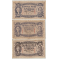 -2- Lott 3 stk. 10 kroner 1938-1939, VK - 1938X, kv. 1-
1939Y, kv. 1-, rifter, hull.
1939Z, kv. 1-, stor rift
Signatur: Meldahl/Nielsen / Numisma Mynthandel A/S: kr.  87,-