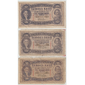 -11- Lott 3 stk. 10 kroner 1943-1944, VK - 1943C, kv. 1/1-
1943D, kv. 1-/2, rift nede og tusjfarge p� to hj�rner.
1944F, kv. 1-/2, nesten revet i to.
Signatur: Meldahl/Nielsen / Numisma Mynthandel A/S: kr.  31,-