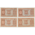 -14- Lott 4 stk. 10 kroner 1945-1948, VK - 1945B, kv. 1-/2, stor rift og rufsete kant oppe.
1945C, kv. 1/1-
1948H, kv. 1/1+, flekk advers
1948I, kv. 1-/2, rifter
Signatur: Meldahl/Nielsen / Numisma Mynthandel A/S: kr.  1,-