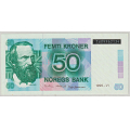 -1- 50 kroner 1995-VI, kv. 01. Svart trykk. - Spesialutgave, uten folder. 
Signatur: Moland/Johansen / Numisma Mynthandel A/S: kr.  2,-