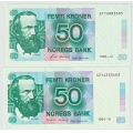 -2- Lott 2 stk. 50 kroner 1990-VI & 1995-VI, VK - Kvalitet 01 & 1+/01
Signatur: Moland/Johansen / Numisma Mynthandel A/S: kr.  2,-