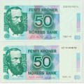 -4- Lott 2 stk. 50 kroner 1987-VI & 1995-VI, VK - 1987-VI, kv. 01
Signatur: Sk�nland/Sag�rd
1995-VI, kv. 1+/01
Signatur: Moland/Johansen / Numisma Mynthandel A/S: kr.  1,-
