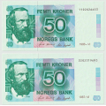 -5- Lott 2 stk. 50 kroner 1986-VI & 1987-VI, VK - 1986-VI, kv. 01+
1987-VI, kv. 01
Signatur: Sk�nland/Sag�rd / Numisma Mynthandel A/S: kr.  2,-