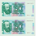 -6- Lott 2 stk. 50 kroner 1986-VI & 1987-VI, VK - 1986-VI, kv. 0/01
1987-VI, kv. 1+/01
Signatur: Sk�nland/Sag�rd / Numisma Mynthandel A/S: kr.  1,-